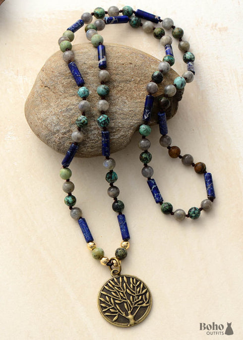 Boho Necklace, BlueLabradorite, Jasper and Turquoise, Tree of Life